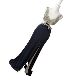 JUMP APPAREL! GLAM JEWELED NUDE LACE BRA TO NAVY WAIST FULL LENGTH GOWN!  3/4
